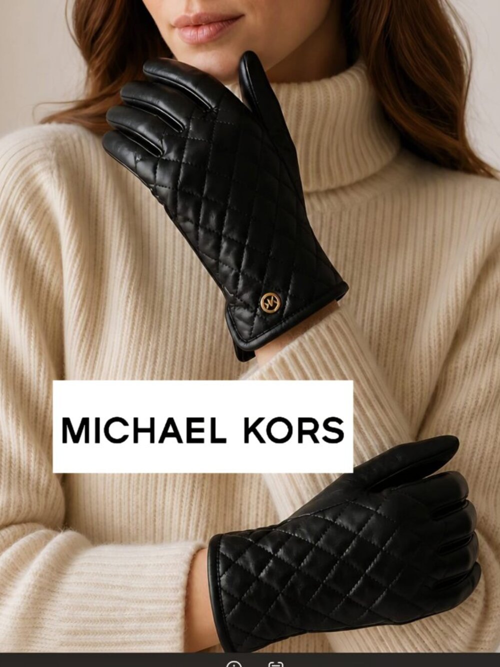 MICHAEL KORS Women's Gloves Black Quilted Genuine Leather Gold MK Logo 🆕🆕🆕
